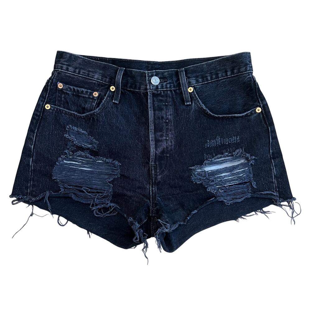 Levi’s 501 High Waisted Black Distressed Denim Jean Shorts (Sz 28)